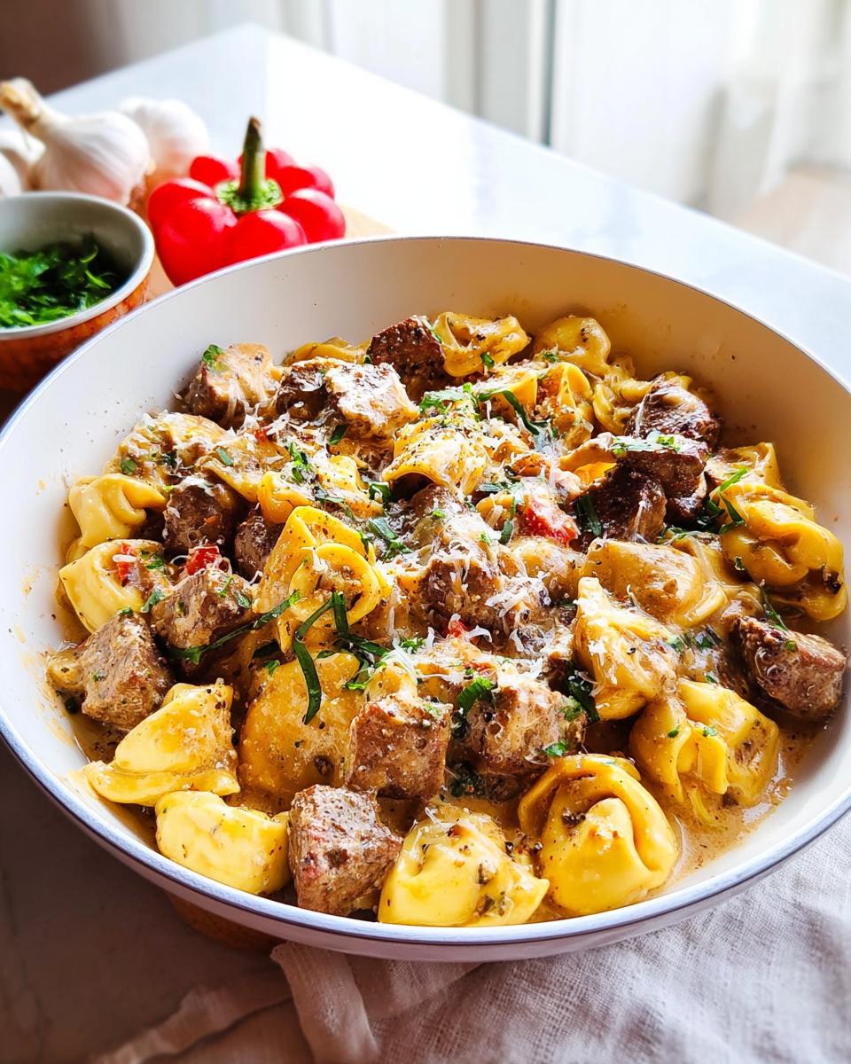 Close-up of a creamy Garlic Steak Tortellini dish topped with Parmesan cheese and fresh herbs.