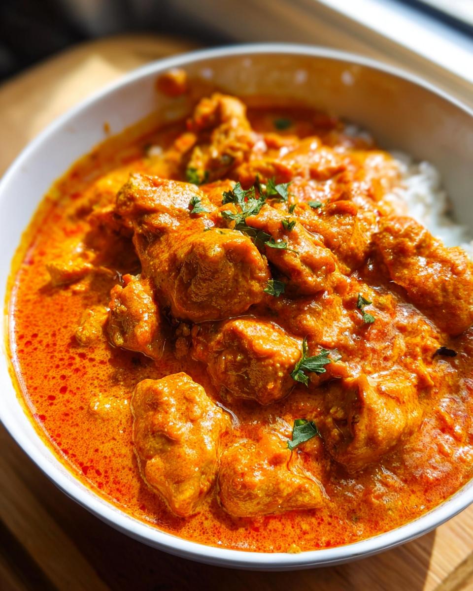 A close-up of tender chicken pieces swimming in a rich, creamy, orange-red sauce of Quick & Easy Homemade Butter Chicken, served over white rice.