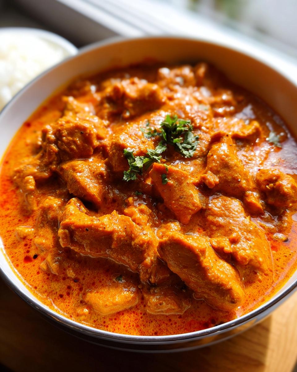 A close-up bowl of vibrant orange Quick & Easy Homemade Butter Chicken garnished with fresh cilantro.