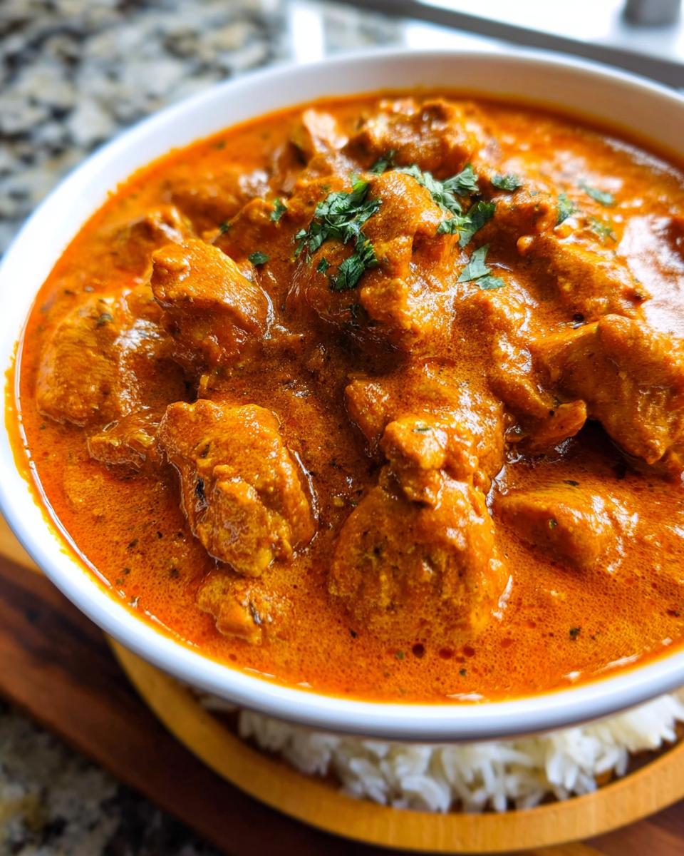 A close-up of rich, creamy Quick & Easy Homemade Butter Chicken served in a white bowl over white rice.
