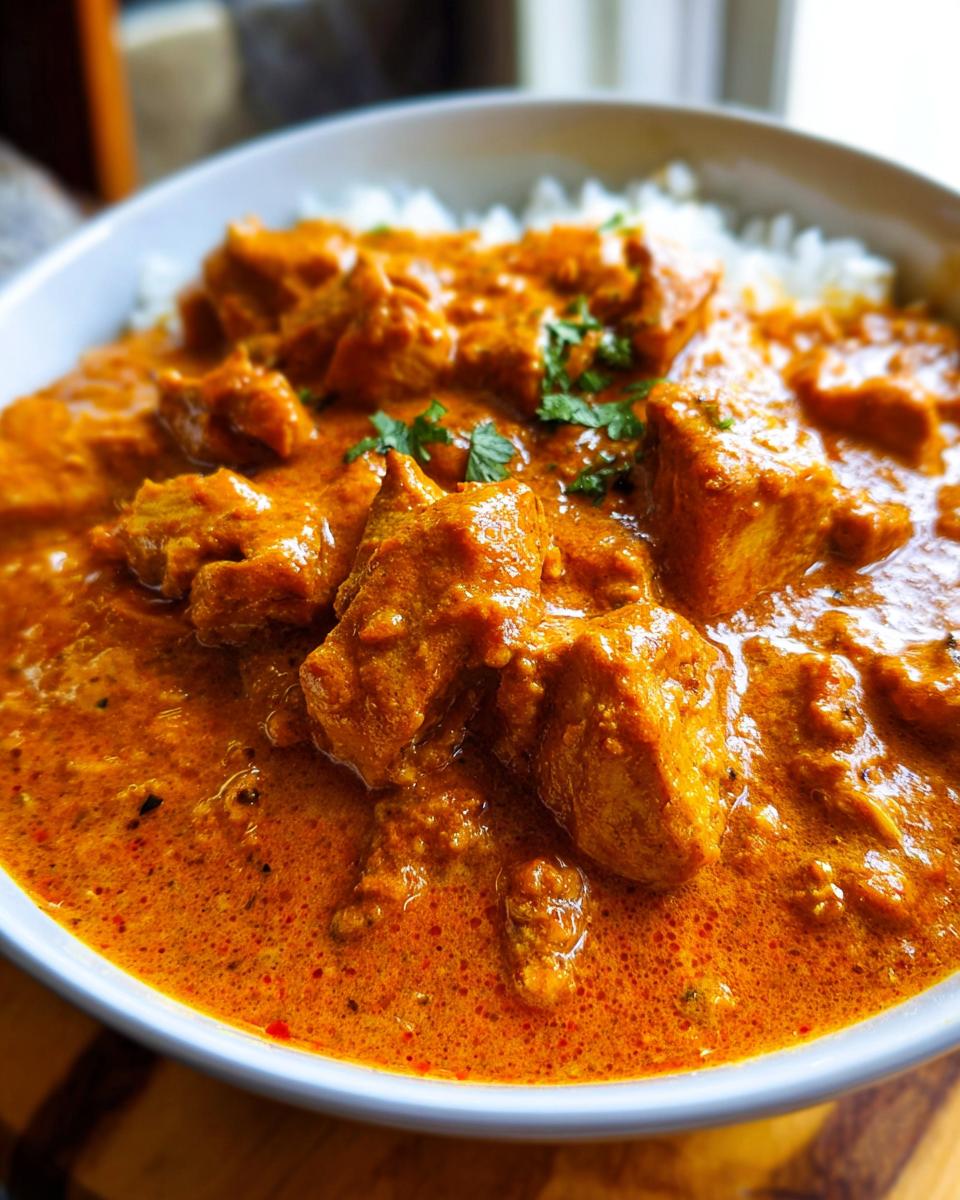 Close-up of a bowl filled with rich, creamy orange Quick & Easy Homemade Butter Chicken served over white rice and garnished with cilantro.