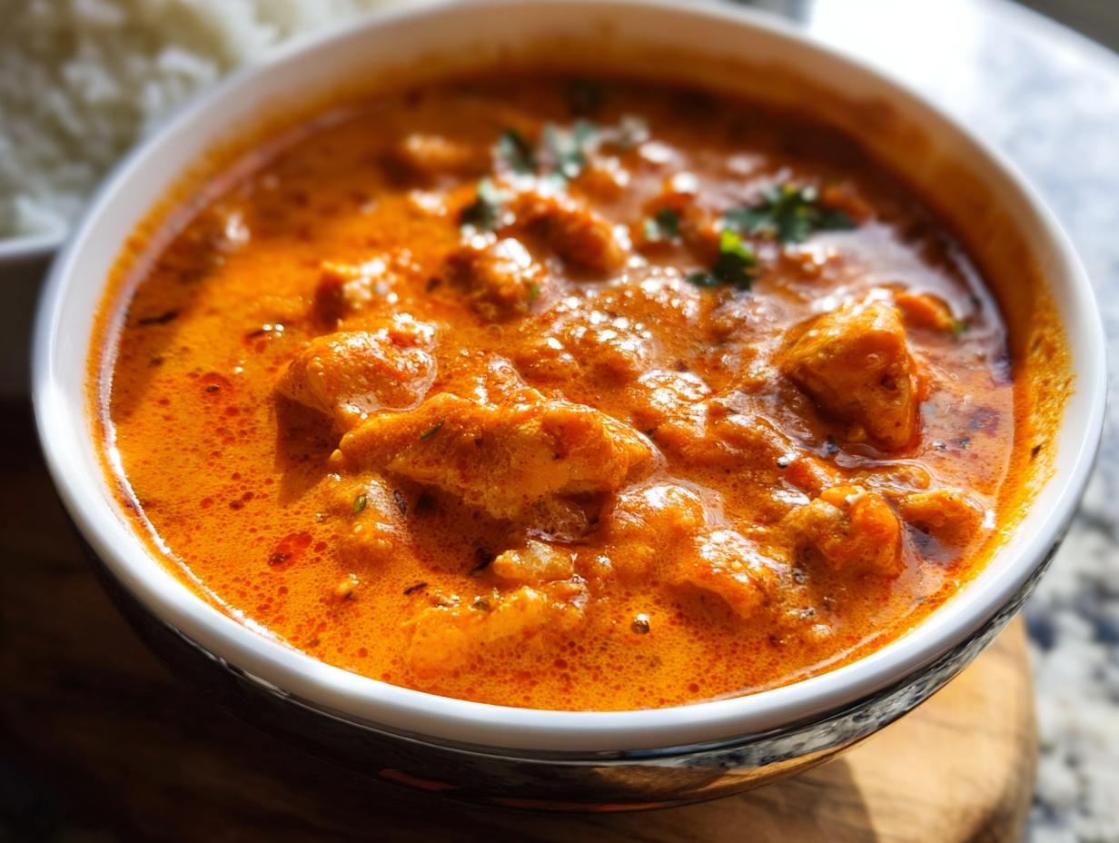 A close-up, vibrant shot of Quick & Easy Homemade Butter Chicken in a white bowl, garnished with cilantro.