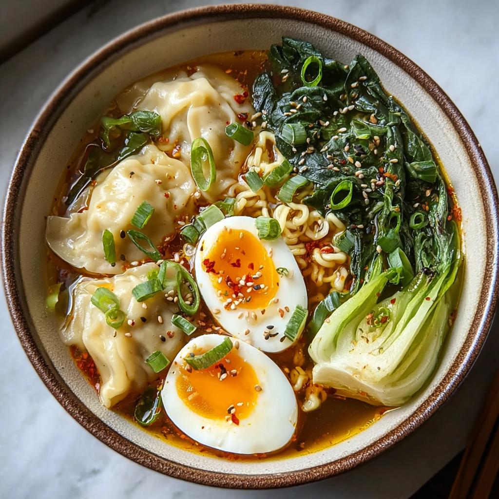 Close-up overhead view of a Savory Dumpling Ramen Bowl with soft-boiled eggs, ramen noodles, and bok choy.
