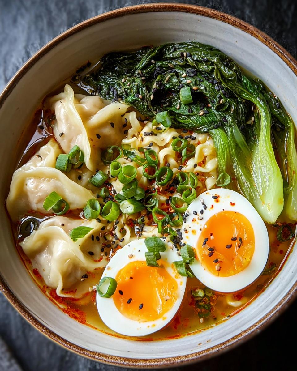 Overhead view of a Savory Dumpling Ramen Bowl with soft-boiled eggs, bok choy, and scallions.