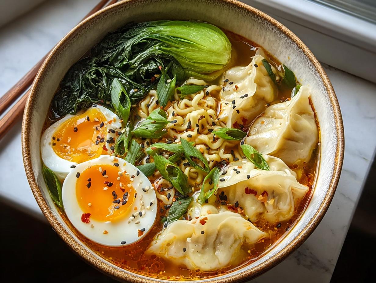 Overhead view of a hearty Savory Dumpling Ramen Bowl featuring ramen noodles, dumplings, soft-boiled eggs, and bok choy.