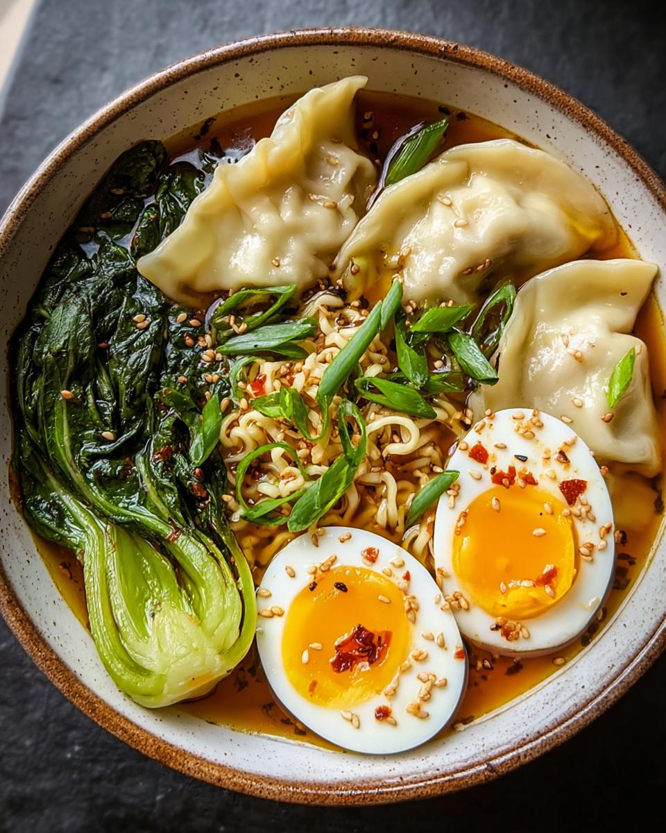 Top-down view of a Savory Dumpling Ramen Bowl featuring ramen noodles, dumplings, bok choy, and halved soft-boiled eggs.