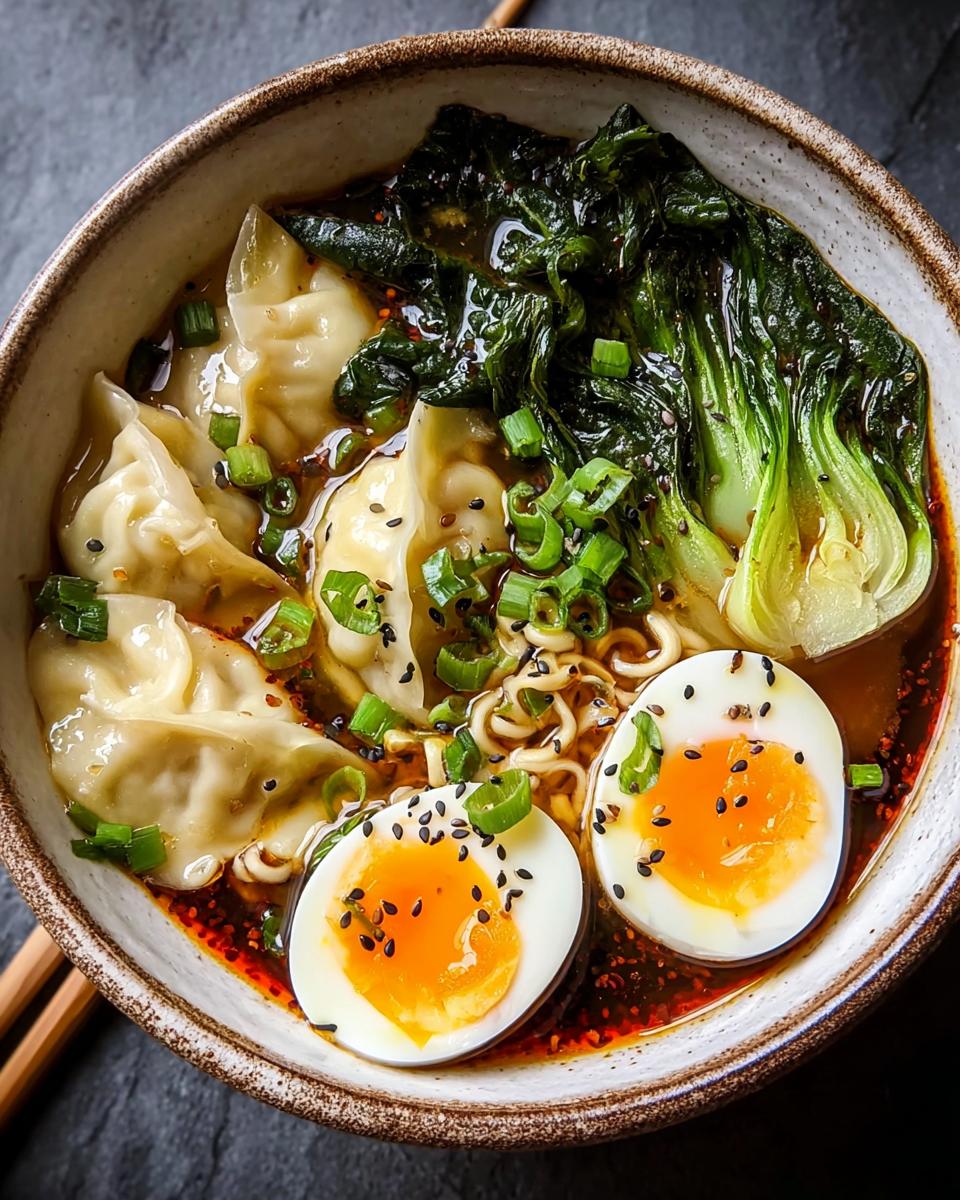 Close-up of a Savory Dumpling Ramen Bowl with soft-boiled eggs, dumplings, bok choy, and chili oil.