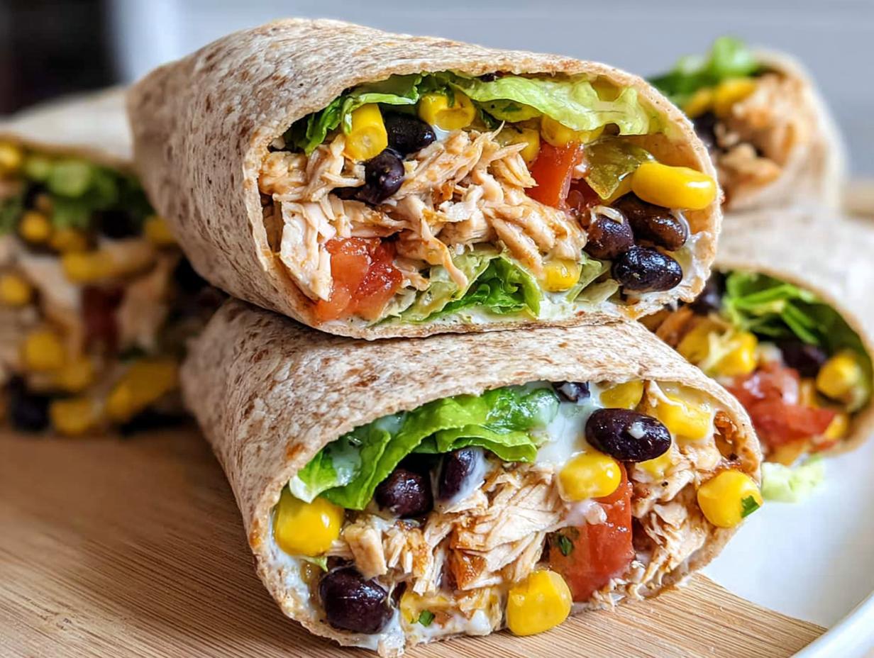 Two halves of a Southwest Chicken Wrap, showing shredded chicken, black beans, corn, and lettuce inside a whole wheat tortilla.