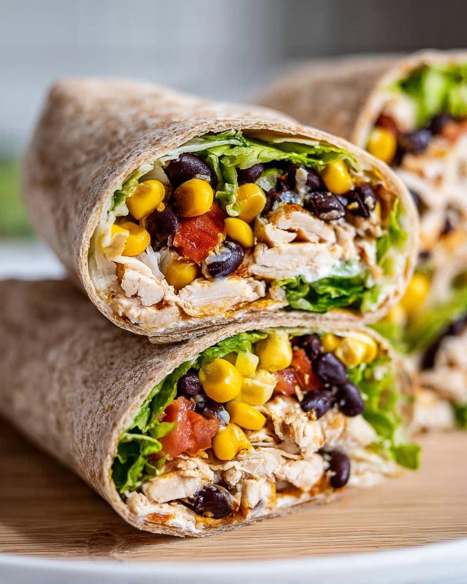 A cross-section view of two stacked Southwest Chicken Wraps showing shredded chicken, corn, black beans, and lettuce.