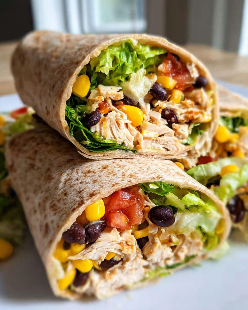Cross-section view of two Southwest Chicken Wraps filled with shredded chicken, black beans, corn, tomatoes, and lettuce.