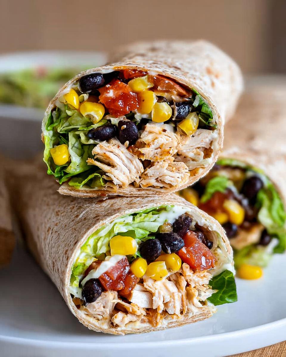 Two halves of a Southwest Chicken Wrap stacked, showing shredded chicken, black beans, corn, tomatoes, and lettuce.