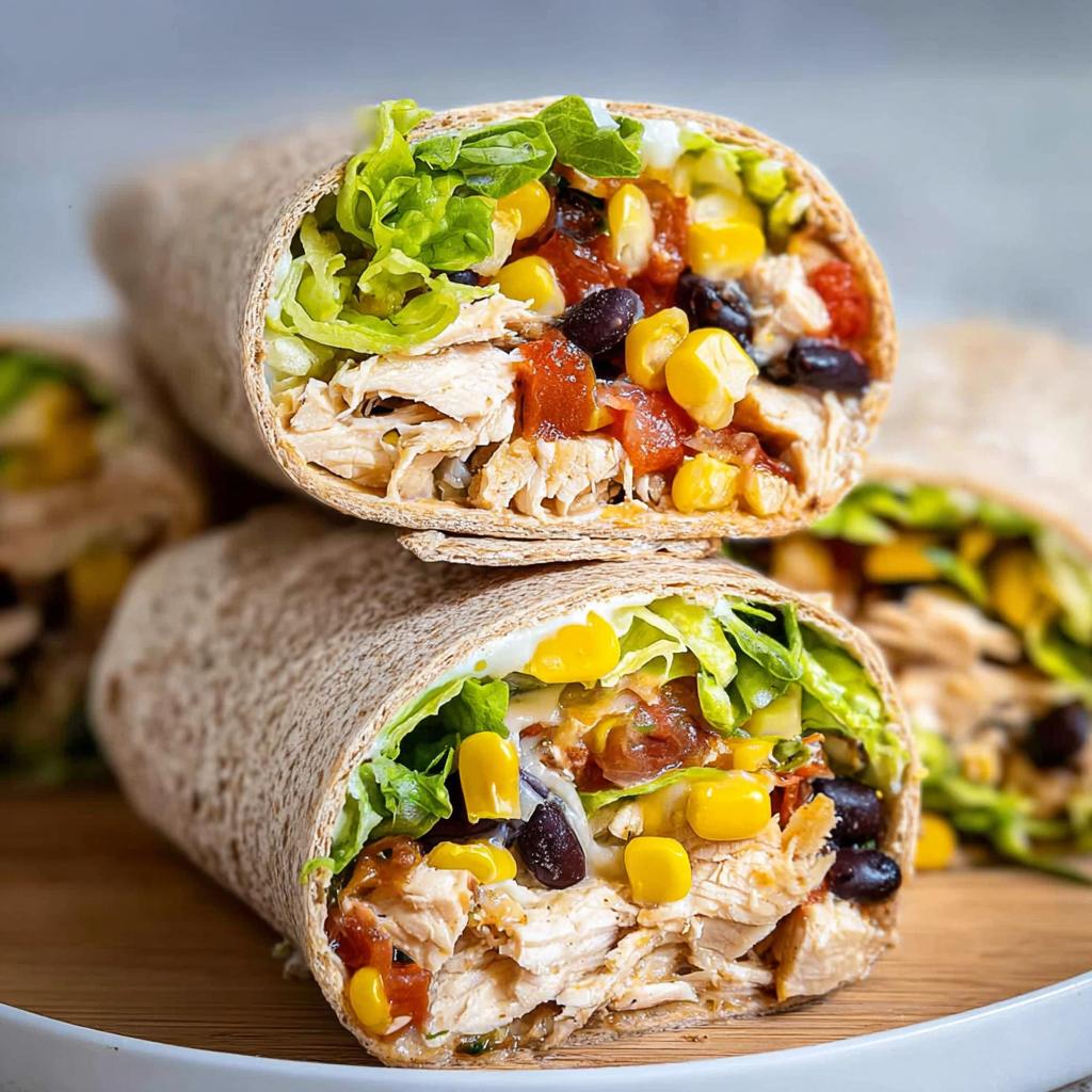 Close-up of two halves of Southwest Chicken Wraps showing shredded chicken, corn, black beans, and lettuce.
