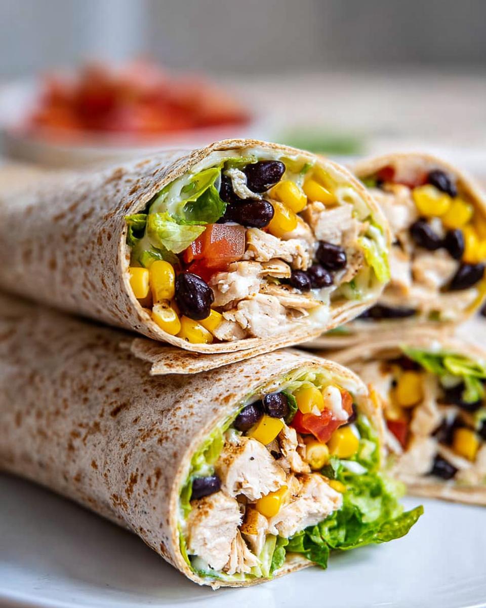Close-up of sliced Southwest Chicken Wraps revealing chunks of chicken, black beans, corn, and lettuce.