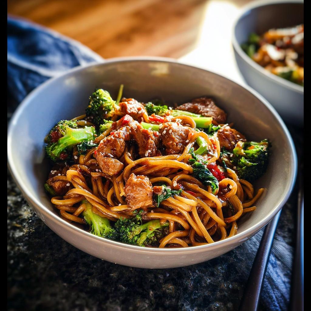 Close-up of a bowl of Spicy Garlic Chicken and Broccoli Noodle Bowls, coated in a dark sauce and topped with sesame seeds.