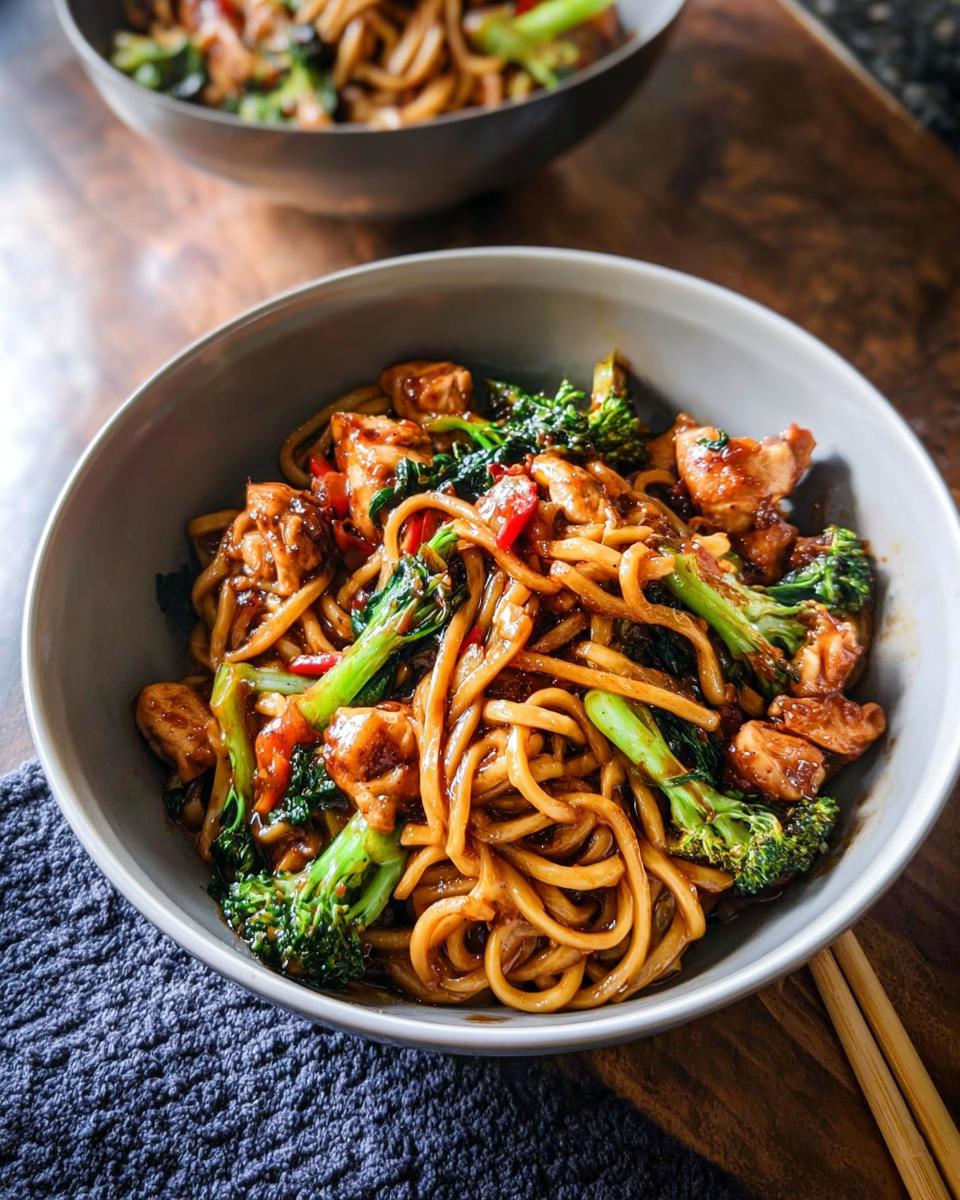 Close-up of a bowl filled with Spicy Garlic Chicken and Broccoli Noodle Bowls, coated in a dark sauce.