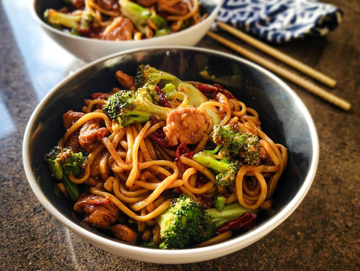 Close-up of a bowl filled with Spicy Garlic Chicken and Broccoli Noodle Bowls, featuring thick noodles, chicken pieces, and bright green broccoli florets.