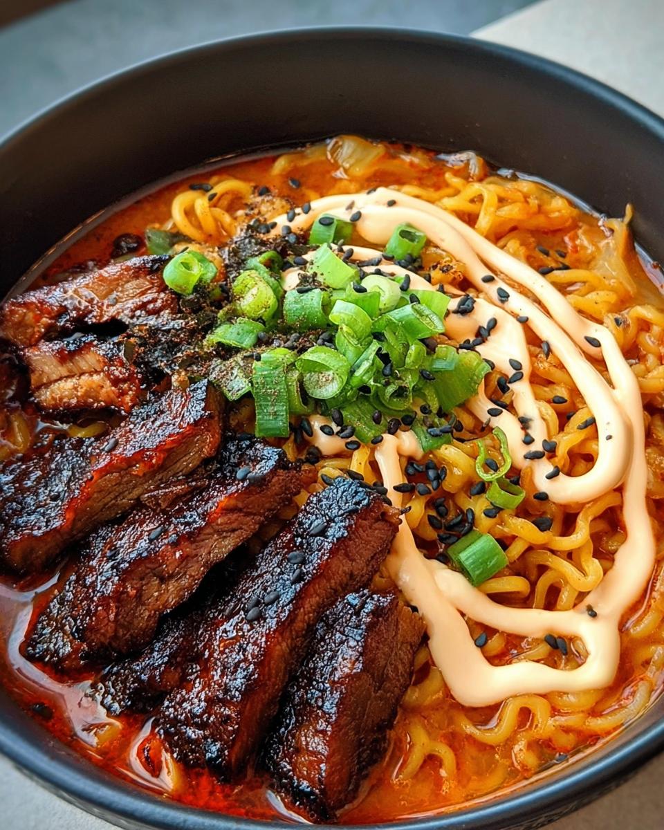 Close-up of Spicy Korean Ramen with Grilled Beef slices, creamy sauce drizzle, and green onions.