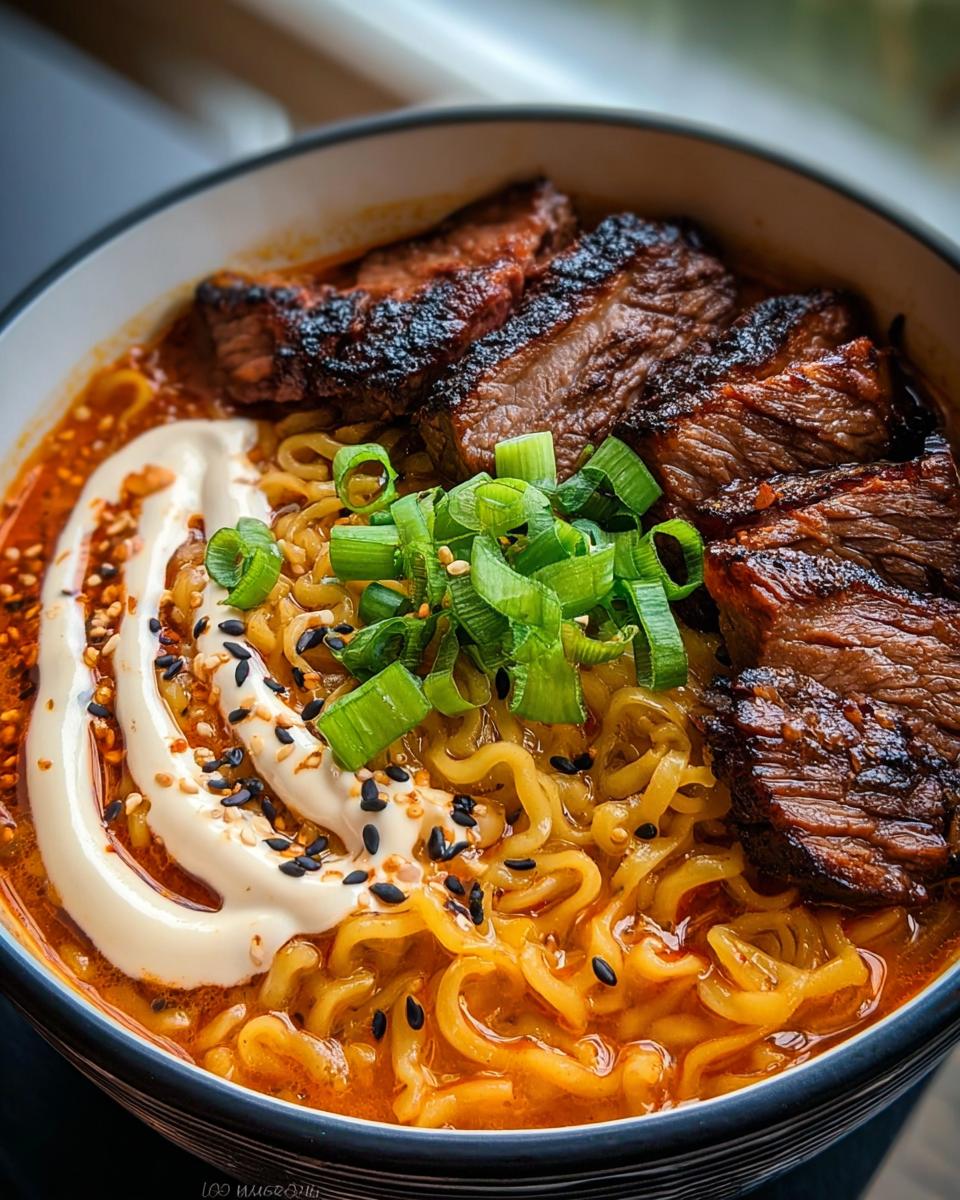 Close-up of Spicy Korean Ramen with Grilled Beef slices, creamy sauce swirl, and green onions.