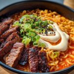 Close-up of Spicy Korean Ramen with Grilled Beef slices, creamy sauce swirl, and green onions.