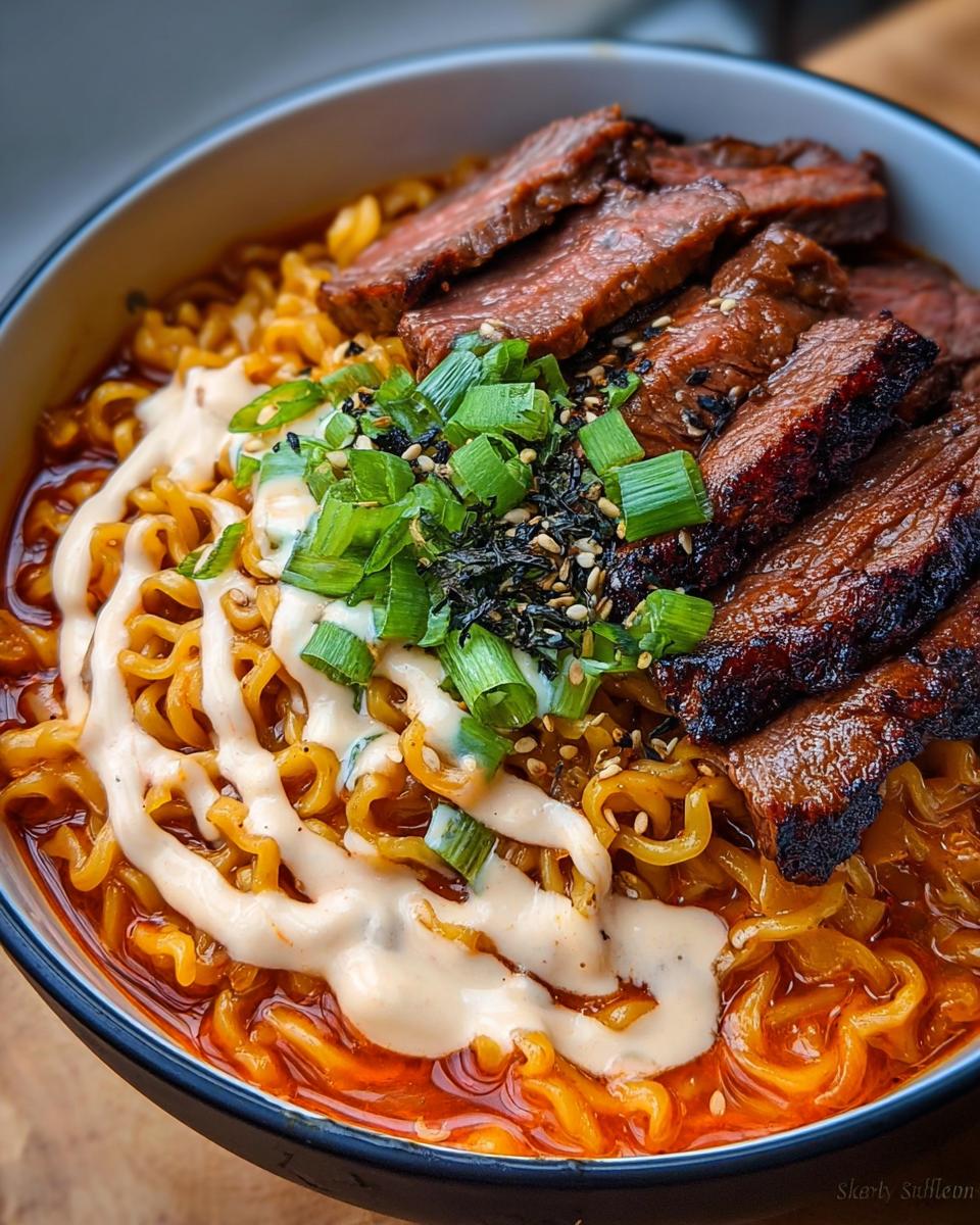 Close-up of Spicy Korean Ramen with Grilled Beef slices, topped with a creamy sauce drizzle and green onions.