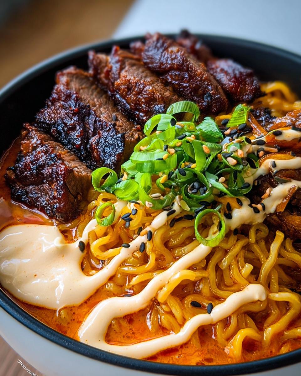 Close-up of Spicy Korean Ramen with Grilled Beef slices, wavy noodles, and a drizzle of creamy sauce.