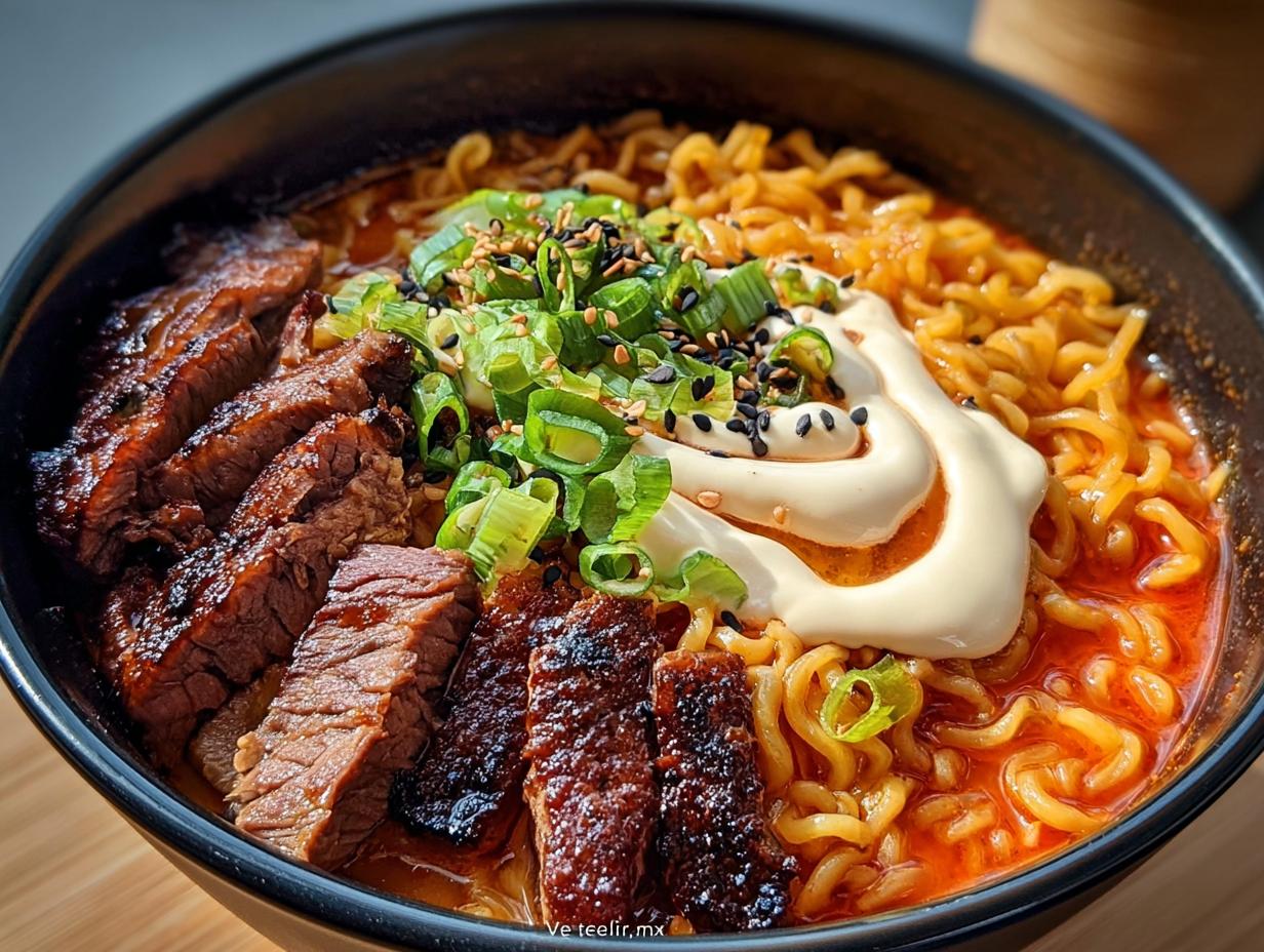 Close-up of Spicy Korean Ramen with Grilled Beef slices, creamy sauce swirl, and green onions.