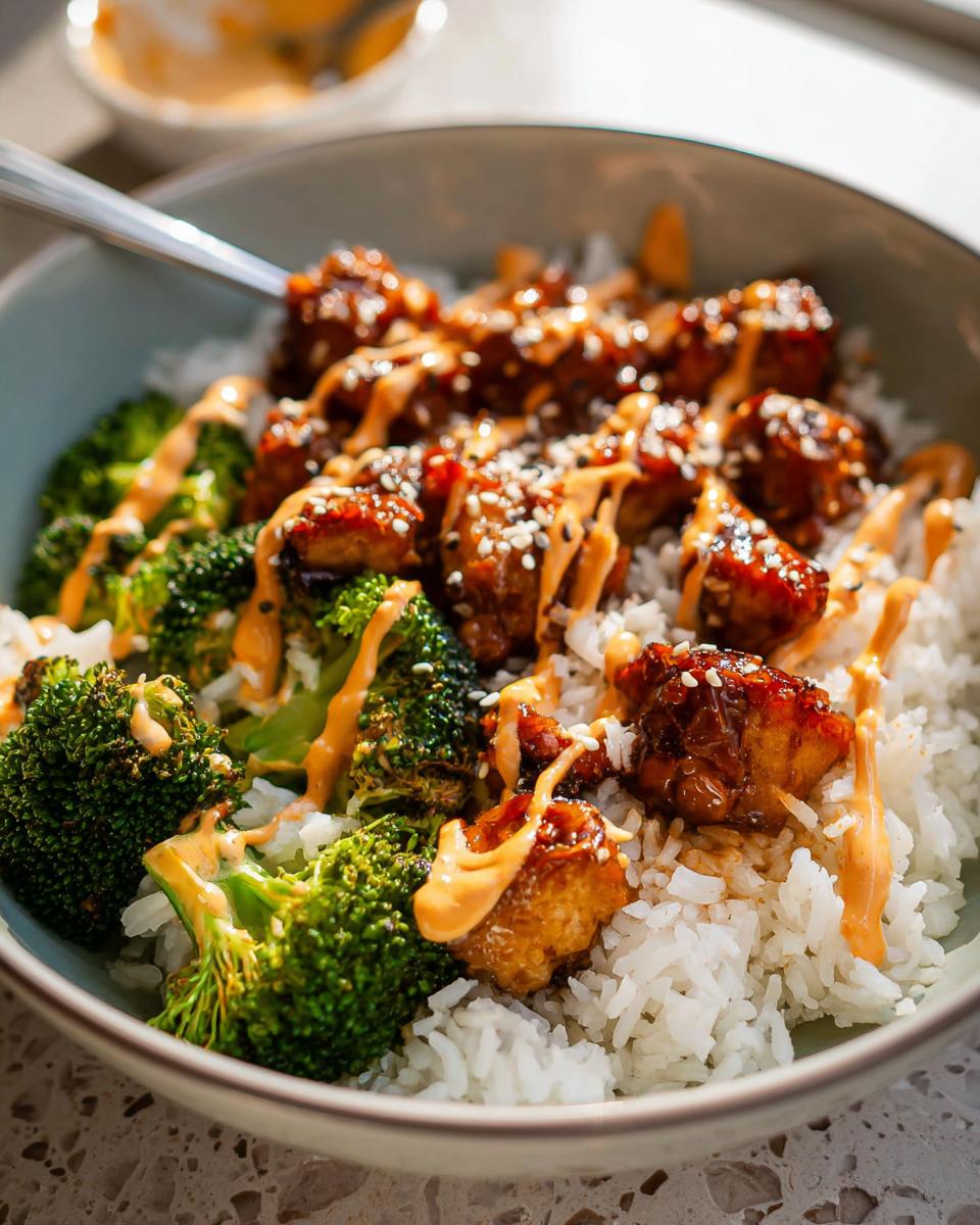 A close-up of a bowl filled with white rice, broccoli florets, and pieces of glazed chicken, drizzled with spicy sauce, making up the Sticky Chicken Bowls.