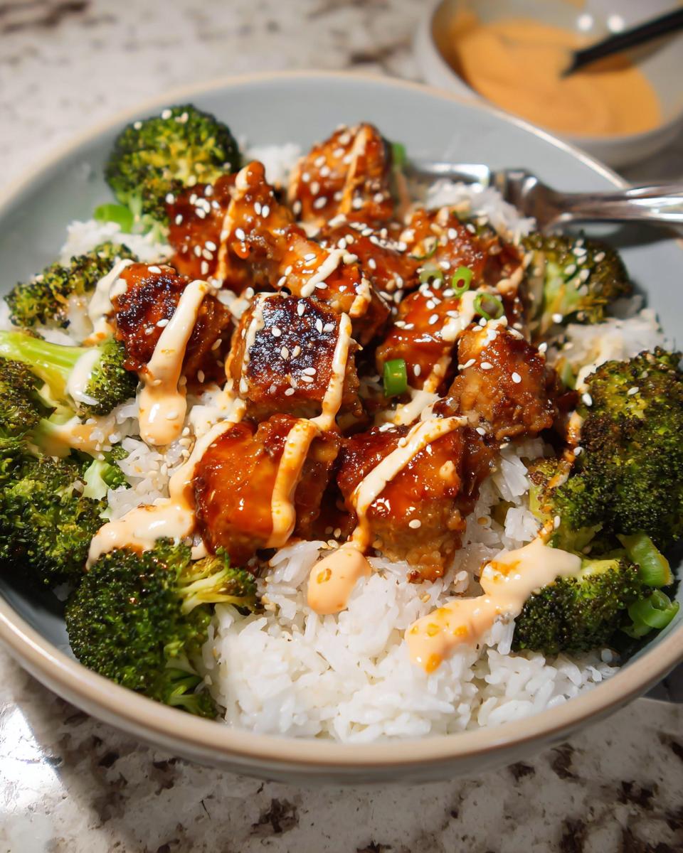 A close-up of a bowl filled with rice, broccoli, and pieces of glazed Sticky Chicken Bowls topped with sesame seeds and a drizzle of sauce.