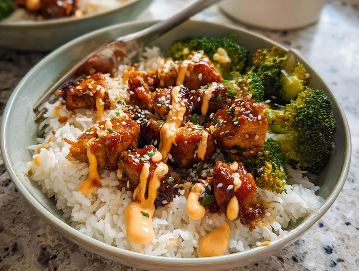 A close-up of a bowl filled with white rice, glazed Sticky Chicken Bowls pieces, roasted broccoli, and drizzled with a creamy sauce and sesame seeds.
