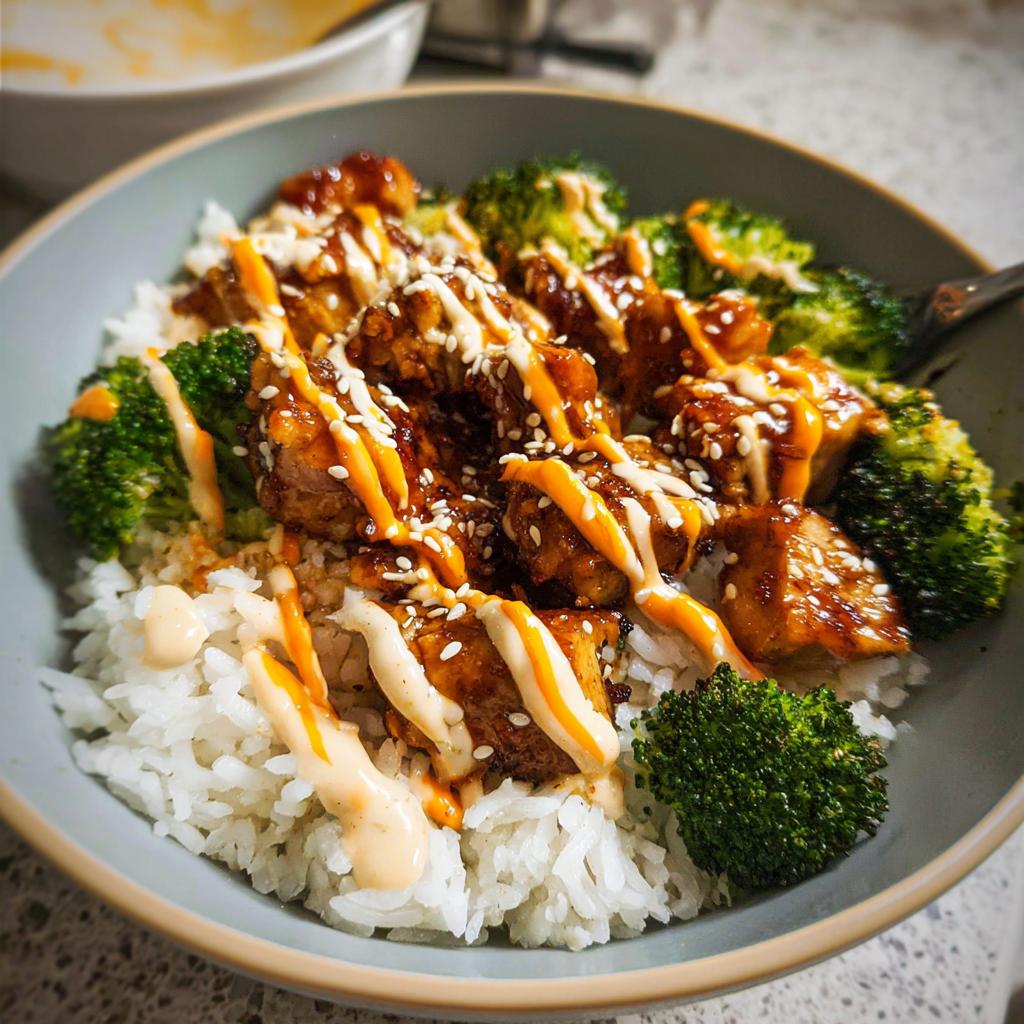 Close-up of a bowl featuring Sticky Chicken Bowls over white rice with broccoli, drizzled with sauces and sesame seeds.