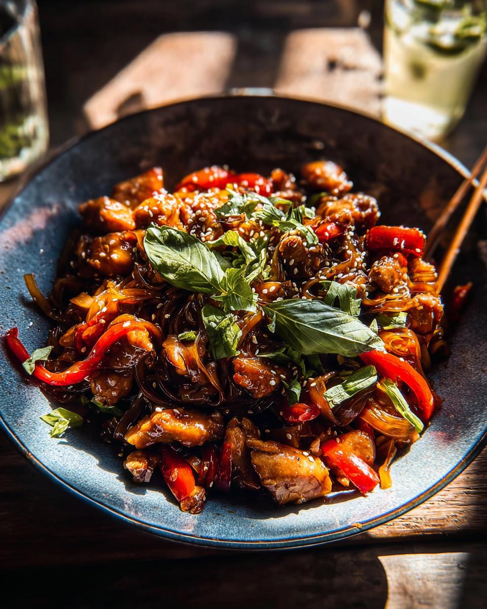 A close-up of a bowl filled with Sticky Garlic Chicken Noodles, red peppers, and fresh basil garnish.