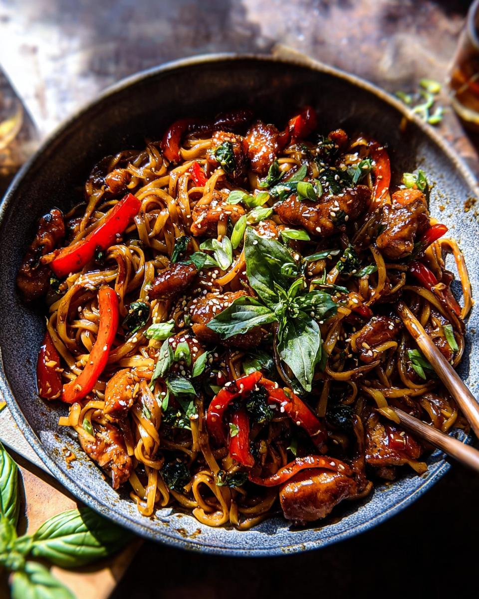 A close-up of a dark bowl filled with Sticky Garlic Chicken Noodles, red peppers, and fresh basil garnish.