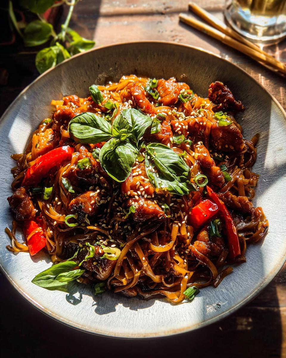 A close-up of Sticky Garlic Chicken Noodles coated in dark sauce, garnished with sesame seeds and fresh basil.