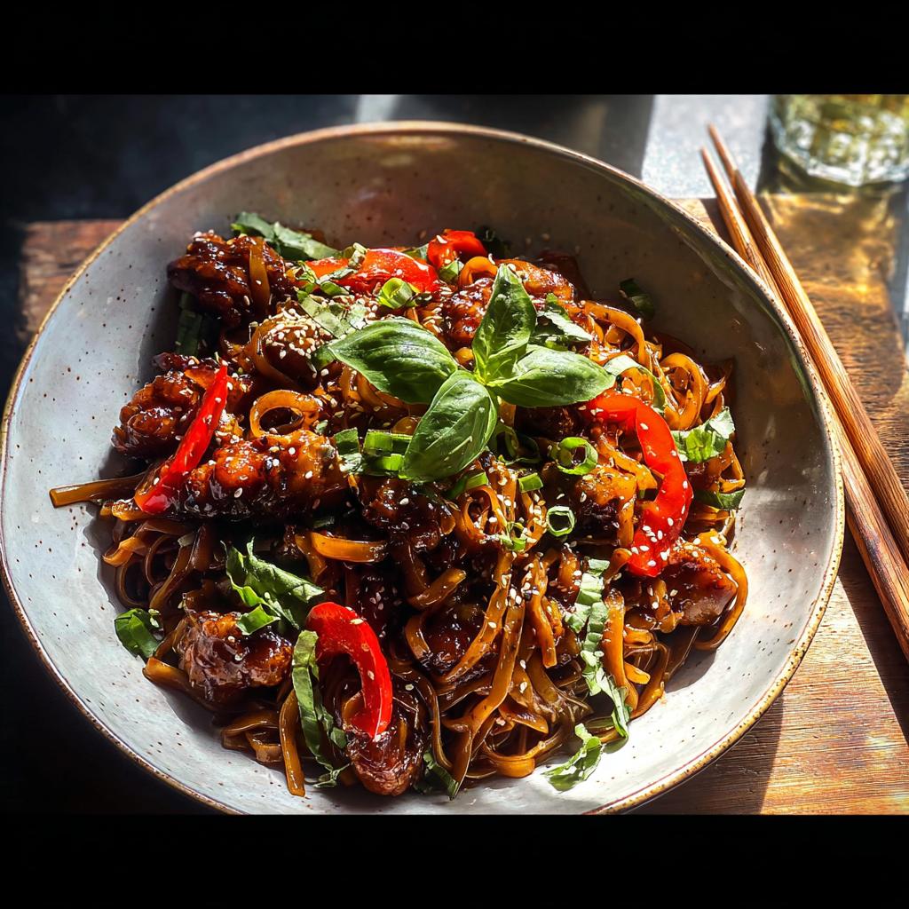 A close-up of a bowl of Sticky Garlic Chicken Noodles, garnished with fresh basil and sesame seeds.