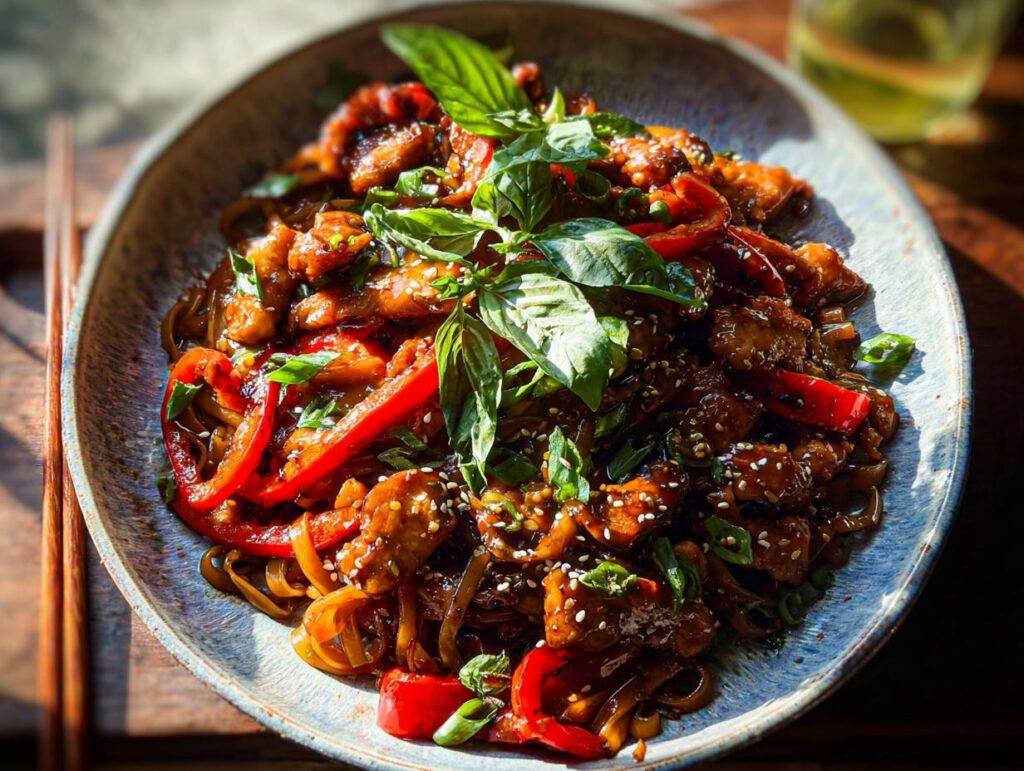A close-up, vibrant serving of Sticky Garlic Chicken Noodles mixed with red peppers and topped with fresh basil.