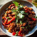 A close-up, vibrant serving of Sticky Garlic Chicken Noodles mixed with red peppers and topped with fresh basil.