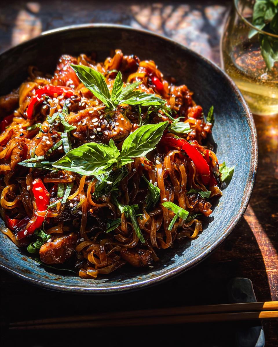 A dark, moody close-up of Sticky Garlic Chicken Noodles topped with fresh basil leaves and sesame seeds in a blue bowl.