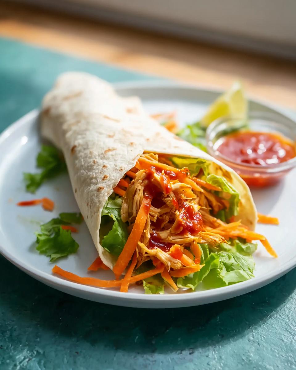 A delicious Sweet Chili Chicken Wraps tortilla filled with shredded chicken, lettuce, and carrots, drizzled with sauce.