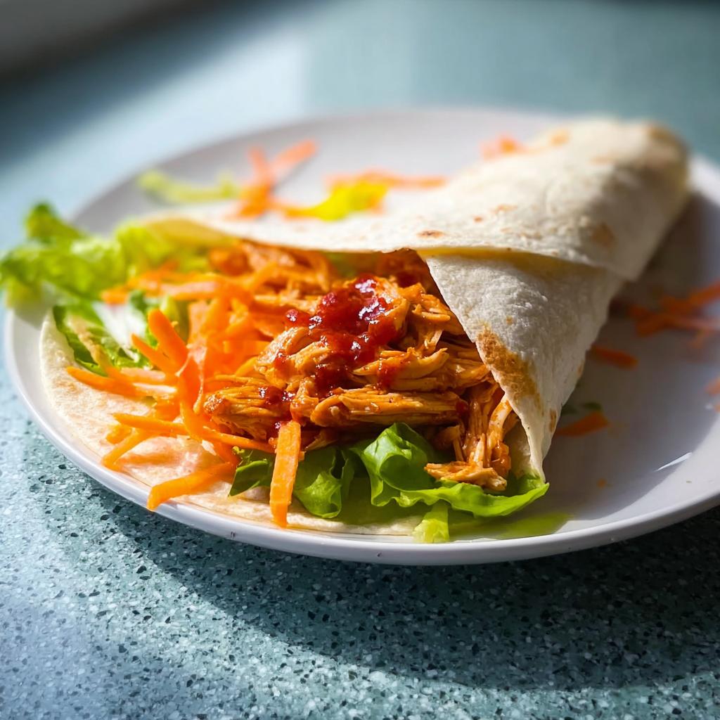 A close-up of a delicious Sweet Chili Chicken Wraps filled with shredded chicken, carrots, and lettuce.