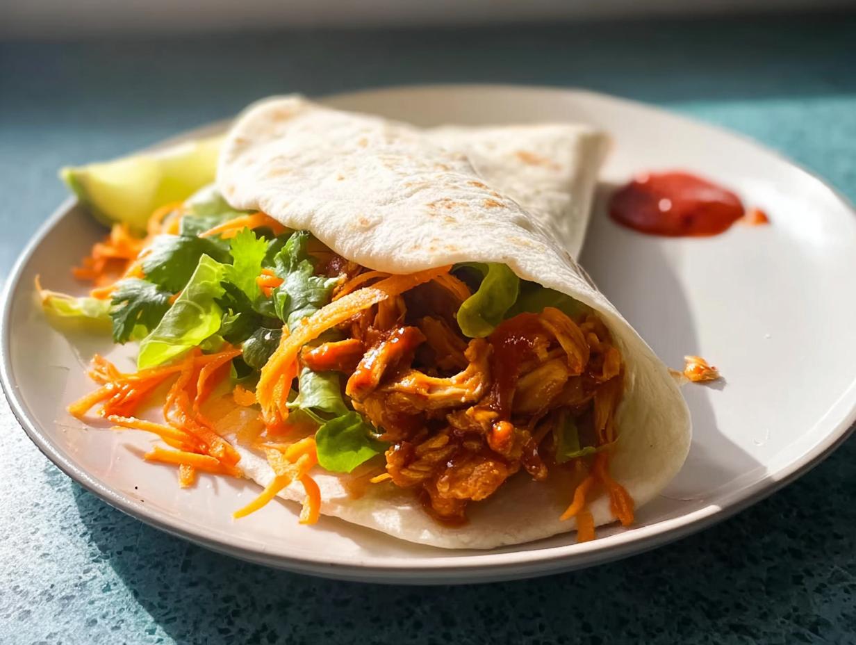A close-up of a delicious Sweet Chili Chicken Wraps filled with shredded chicken, lettuce, and carrots on a white plate.