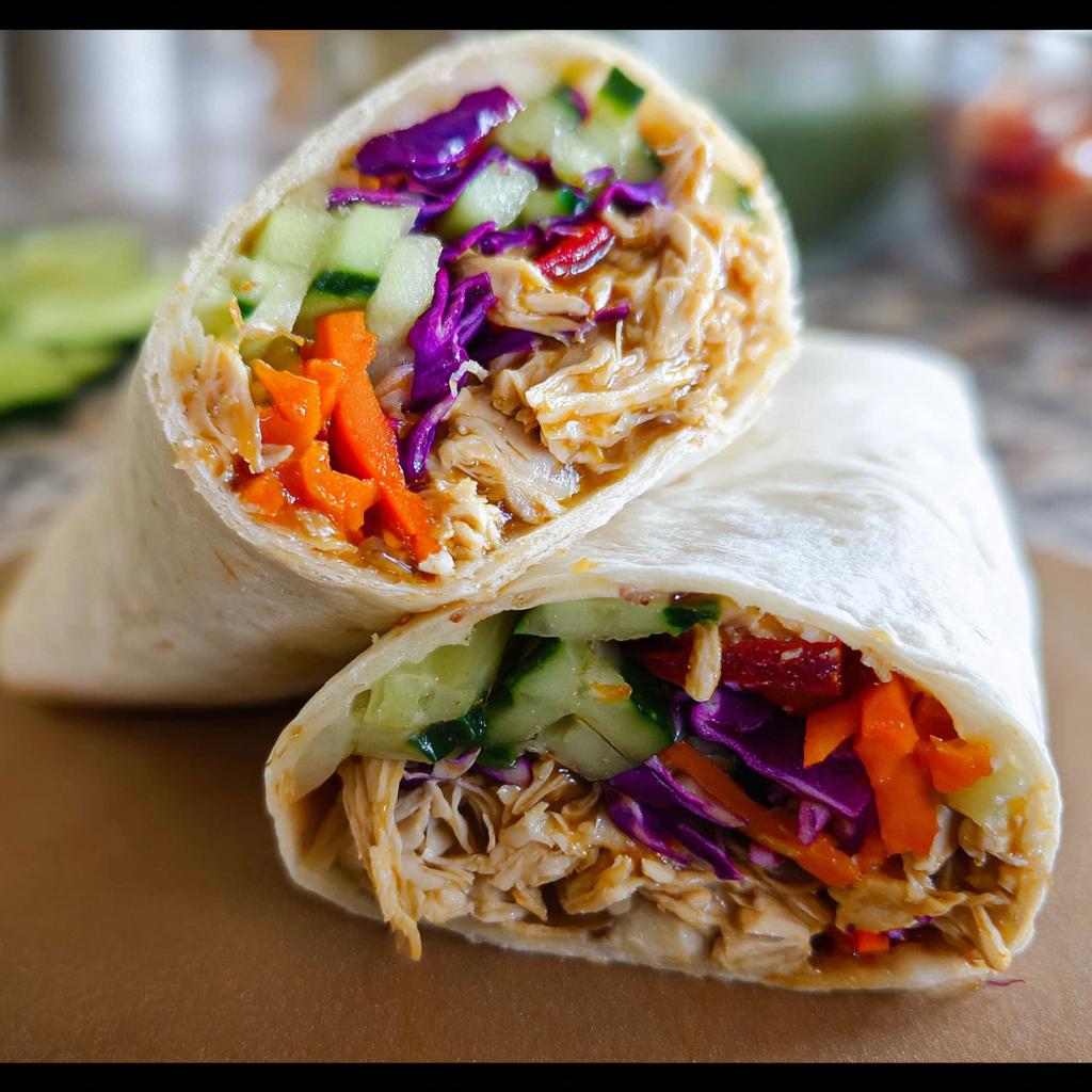 Close-up of a Teriyaki Chicken Wrap Recipe cut in half, showing shredded chicken, cucumber, carrots, and purple cabbage.