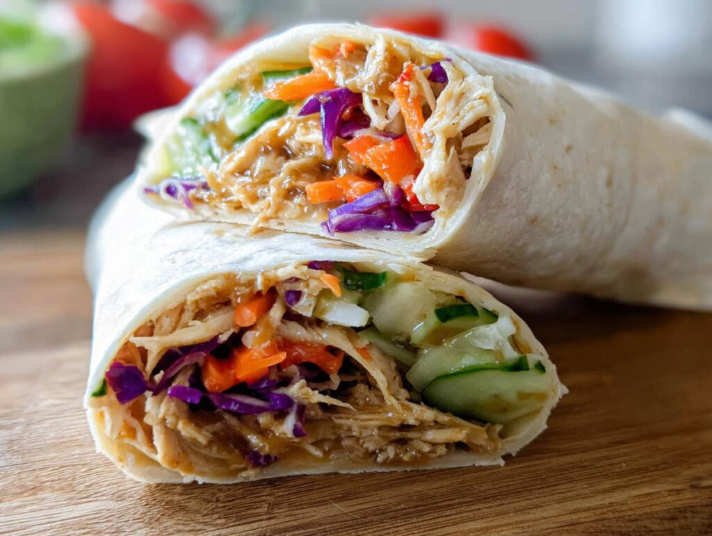 Cross-section of a Teriyaki Chicken Wrap Recipe showing shredded chicken coated in sauce, mixed with shredded carrots, red cabbage, and cucumber slices.