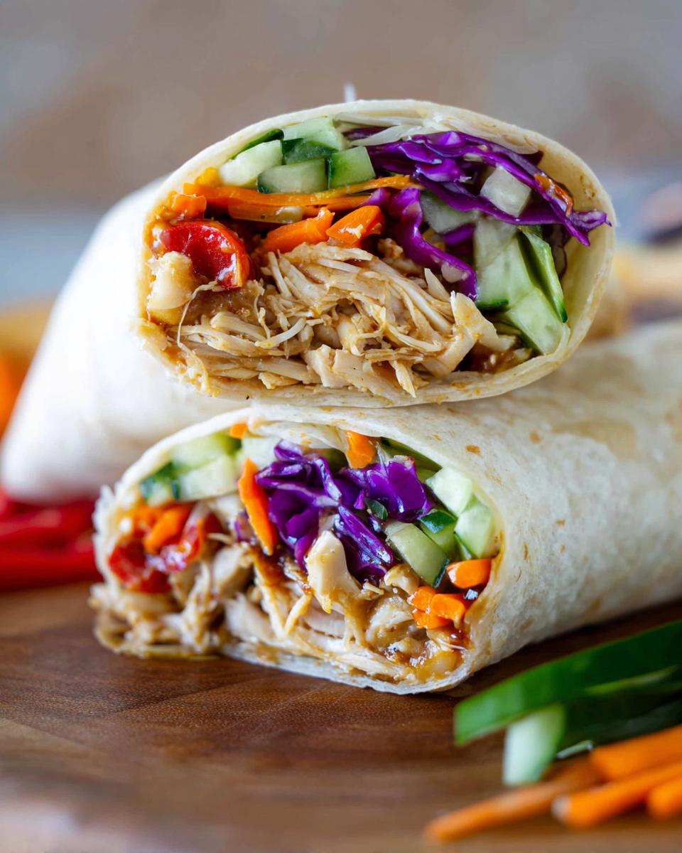 Close-up of a Teriyaki Chicken Wrap Recipe cut in half, showing shredded chicken, purple cabbage, carrots, and cucumber.