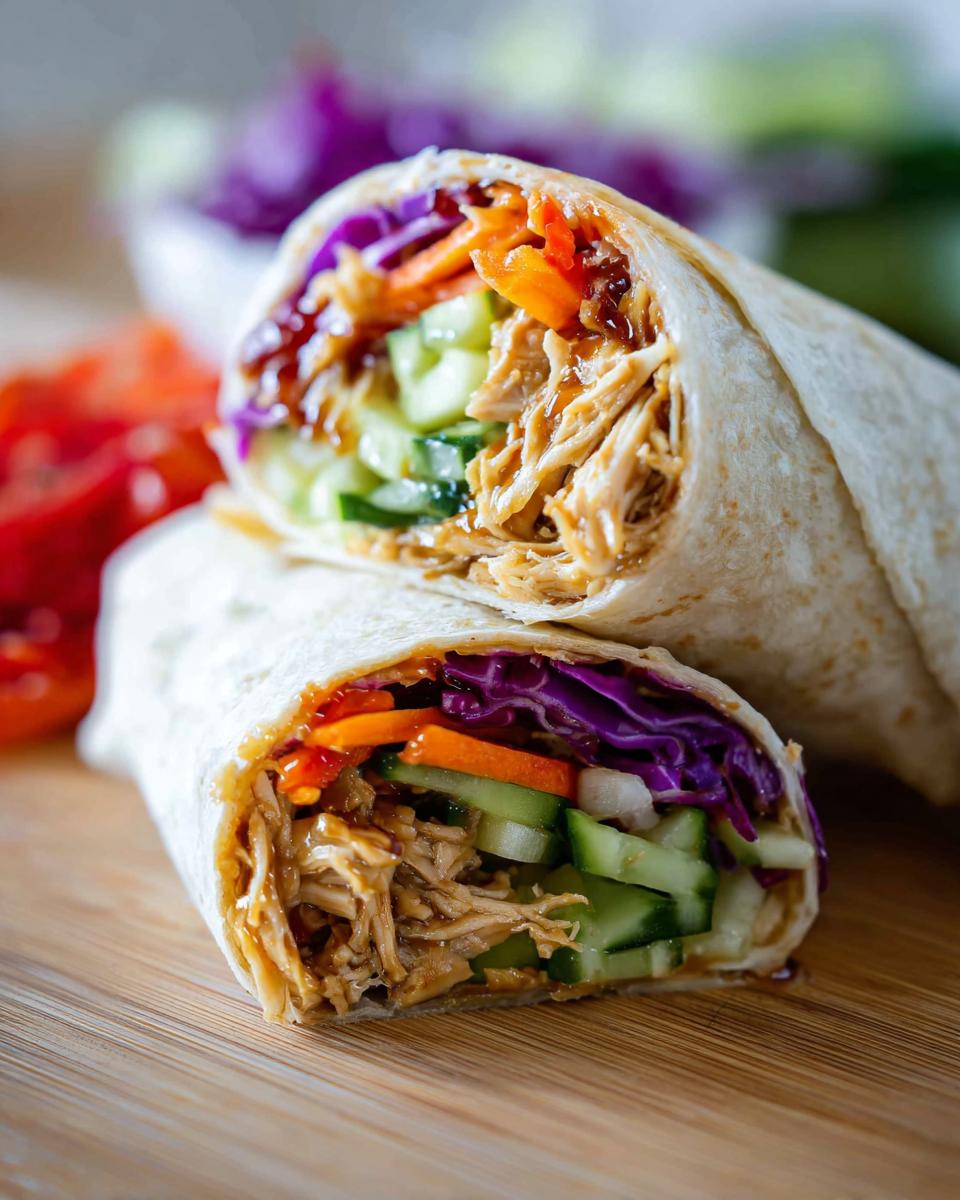 Close-up of a Teriyaki Chicken Wrap Recipe cut in half, showing shredded chicken, cucumber, carrots, and purple cabbage.