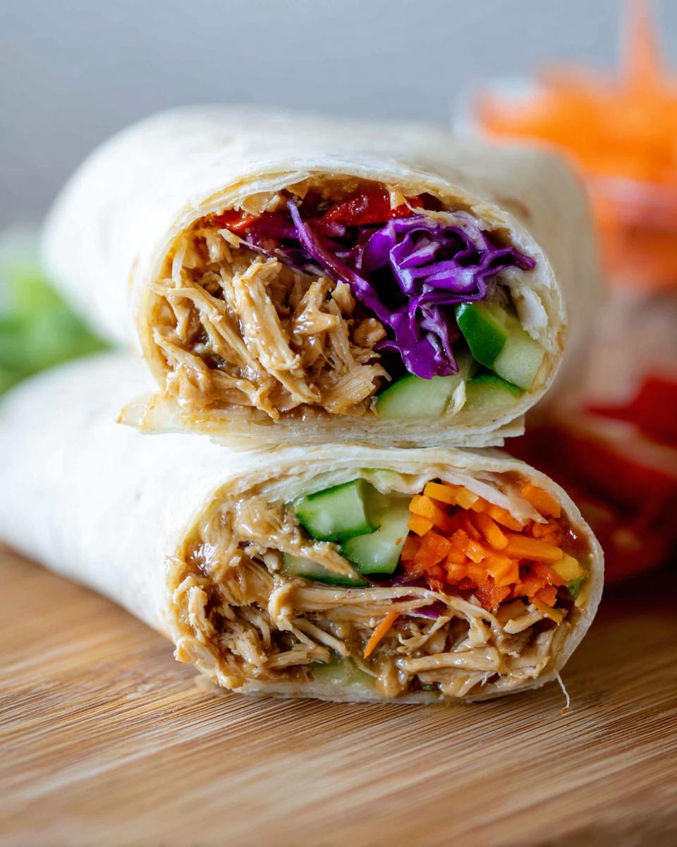 Close-up of a Teriyaki Chicken Wrap Recipe cut in half, showing shredded chicken, purple cabbage, cucumber, and carrots.
