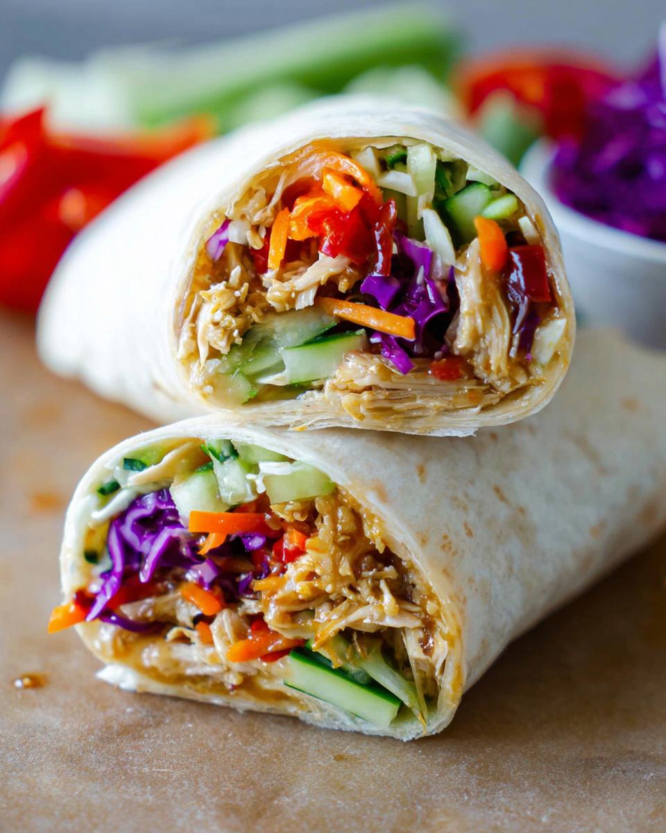 Two halves of a Teriyaki Chicken Wrap Recipe stacked, showing shredded chicken, carrots, cucumber, and purple cabbage.