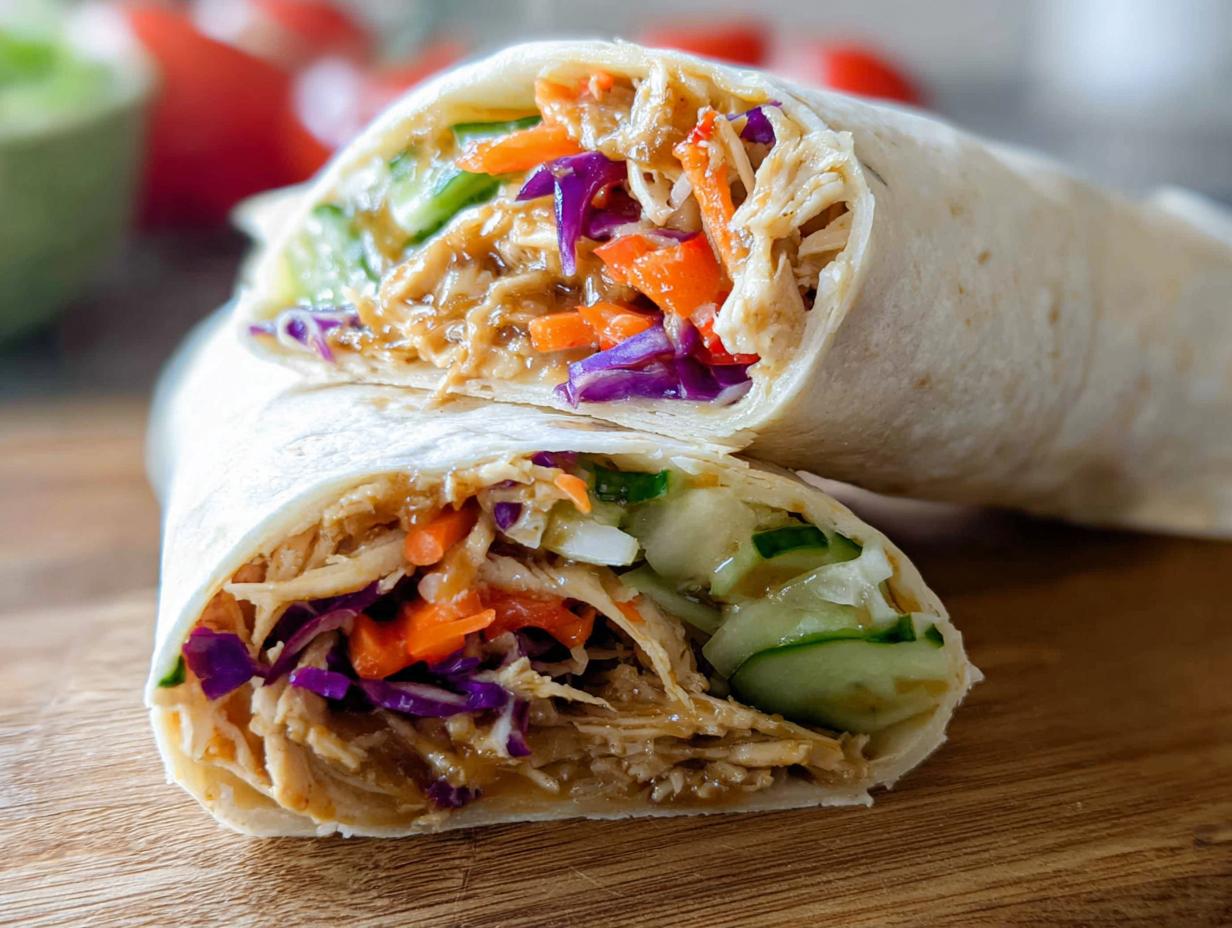 Cross-section of a Teriyaki Chicken Wrap Recipe showing shredded chicken coated in sauce, mixed with shredded carrots, red cabbage, and cucumber slices.
