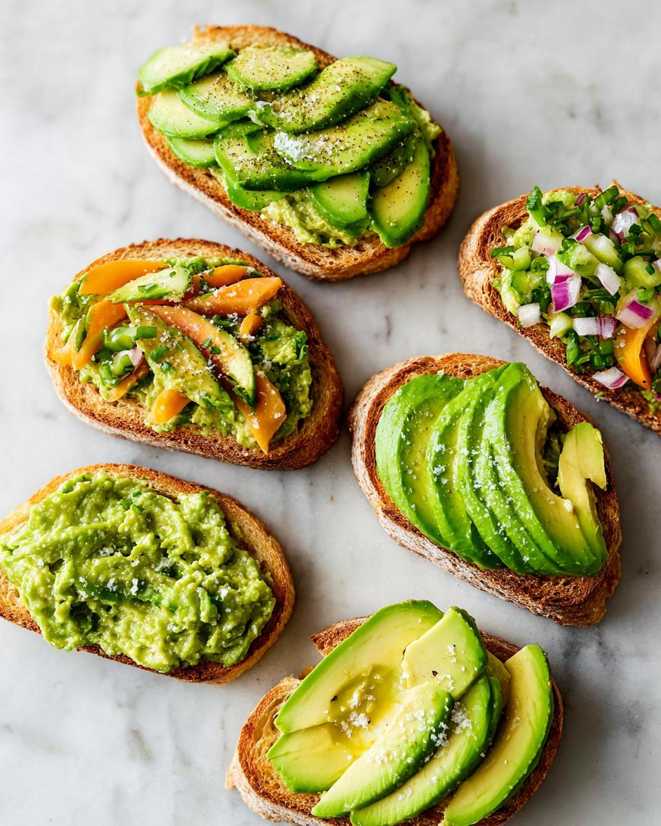 A variety of avocado toast preparations on toasted bread, featuring sliced avocado, mashed avocado, and avocado with chopped vegetables.