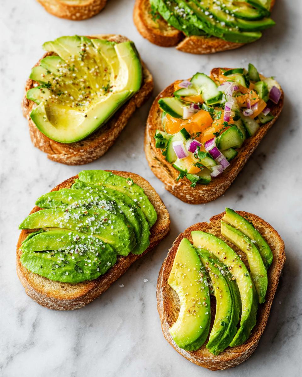 A variety of delicious avocado toast toppings including sliced avocado, cucumber, and red onion.