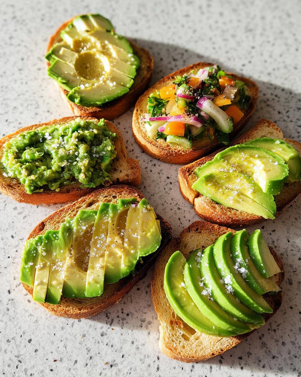 A selection of five different avocado toast preparations, showcasing sliced avocado and mashed avocado with toppings.